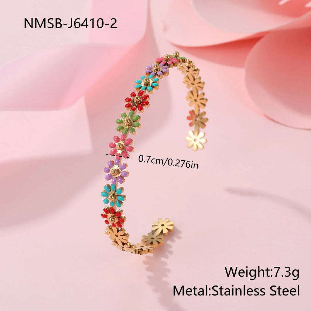 Stainless steel flower bracelet with oil dripping colour and geometric design, electroplated fashion OL style for women