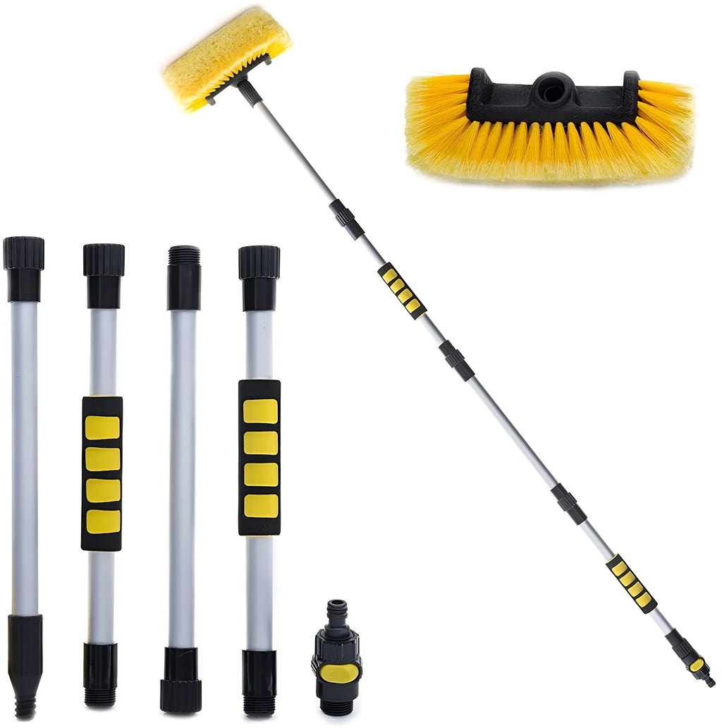 Portable car wash brush with removable four-section rod and flow-through brush head in yellow colour