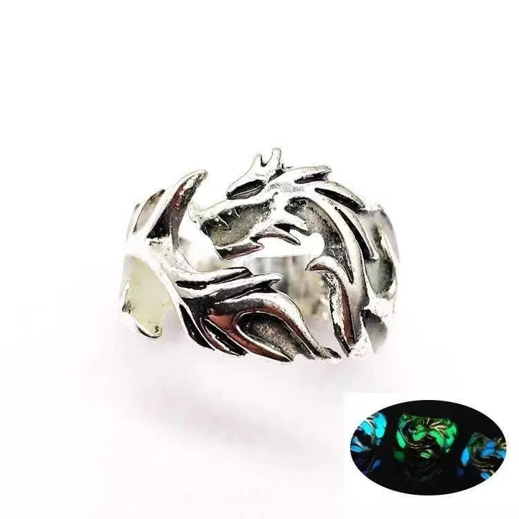 Adjustable Chinese dragon pattern ring in antique silver, blue, and green electroplated metal