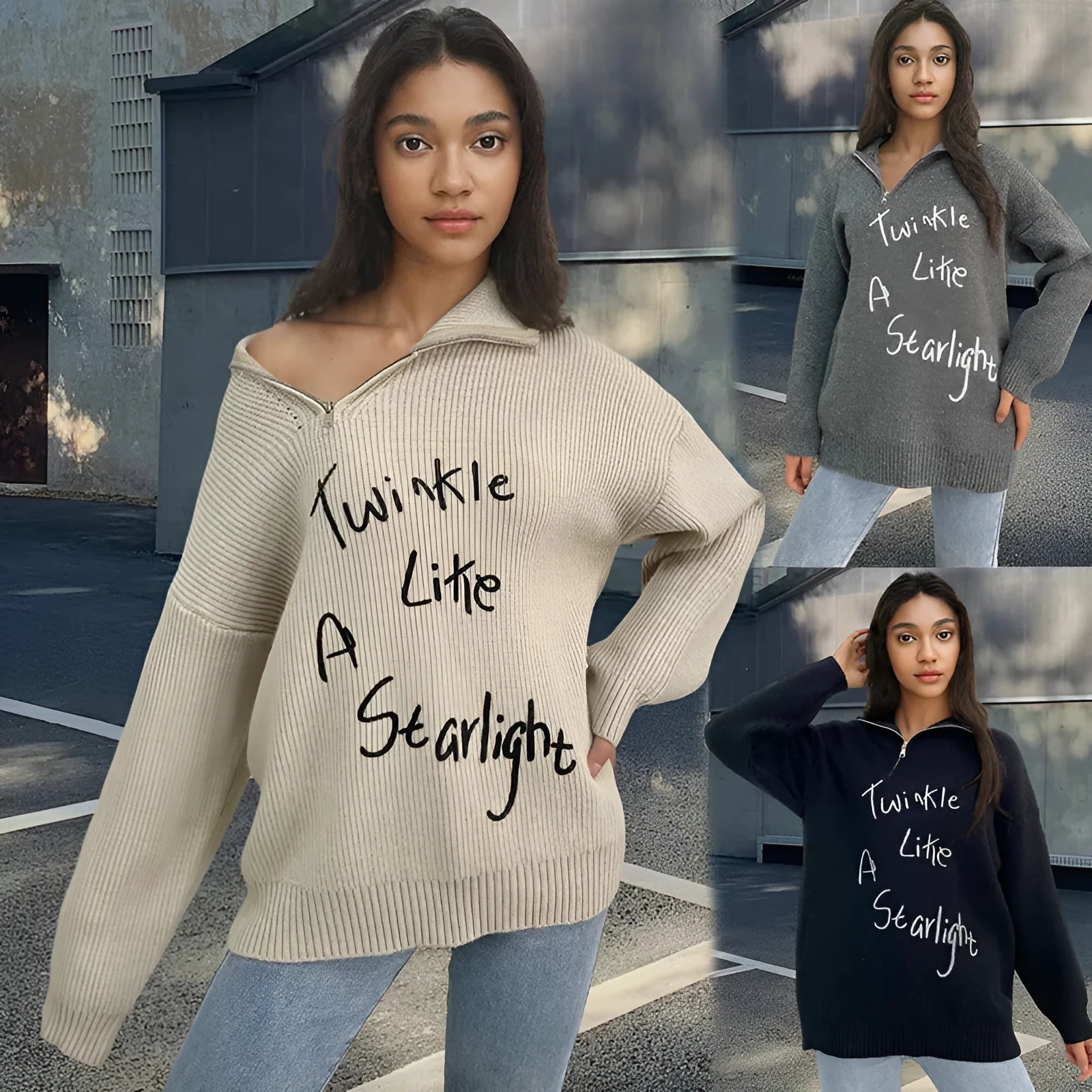 Women's light khaki alpaca wool pullover sweater with a diagonal oblique zipper and a loose lapel turtleneck collar.