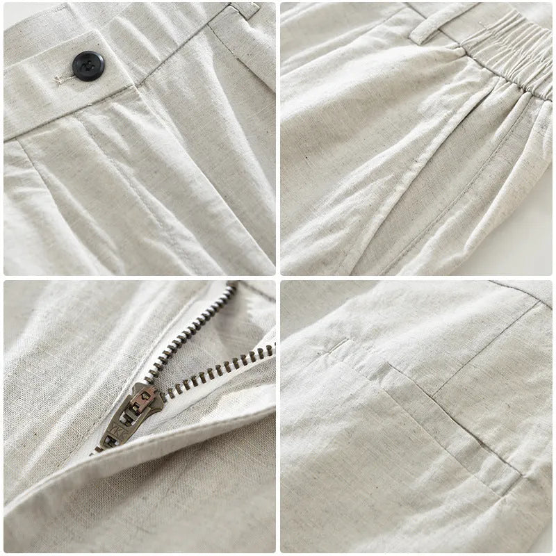 Man wearing loose straight-leg cotton linen blend trousers in a casual setting