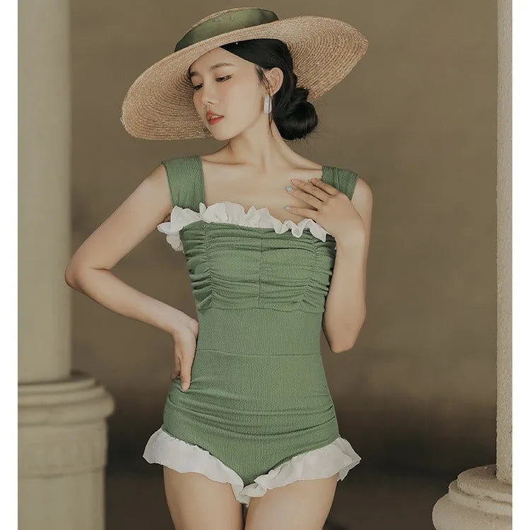 Korean style high-waist one-piece swimsuit in quick-drying polyester