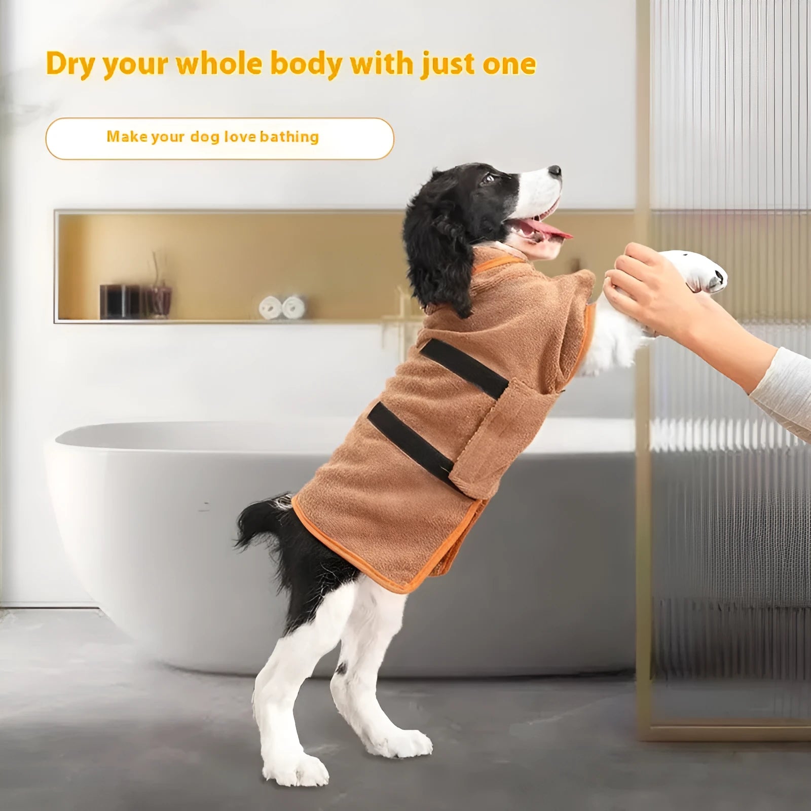 Grey nylon dog robe drying towel shown on a small dog, with orange edge trim visible.