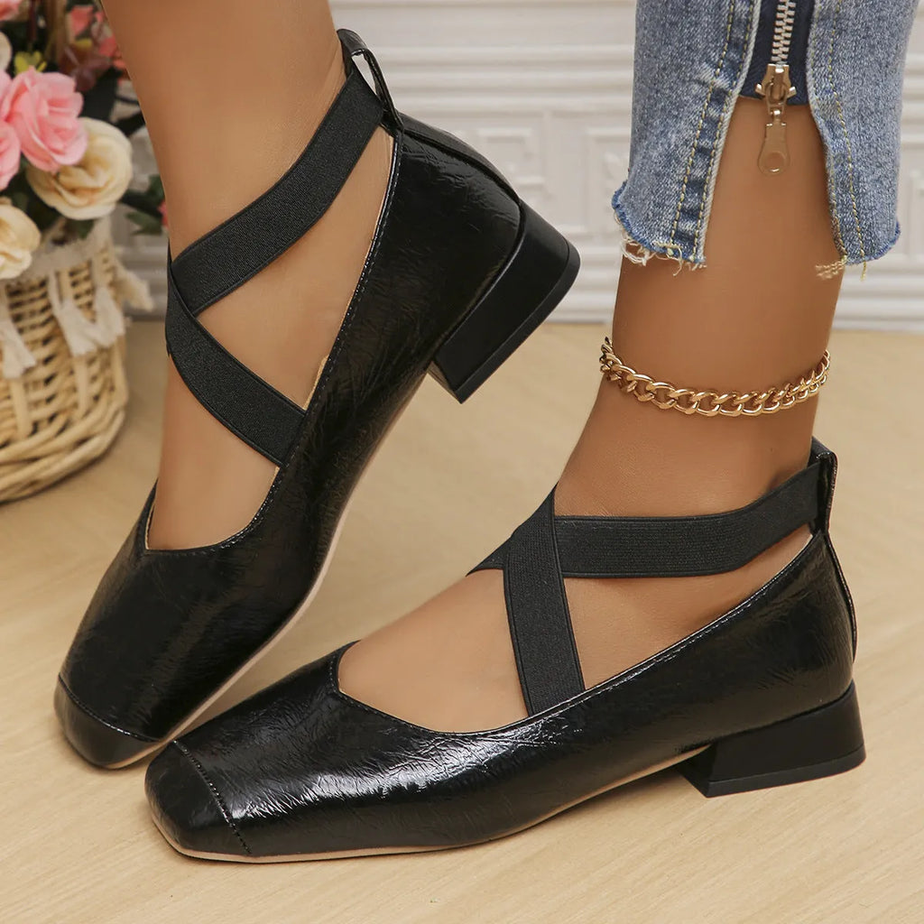 Square toe low heel slip-on pump in metallic colour with rubber sole