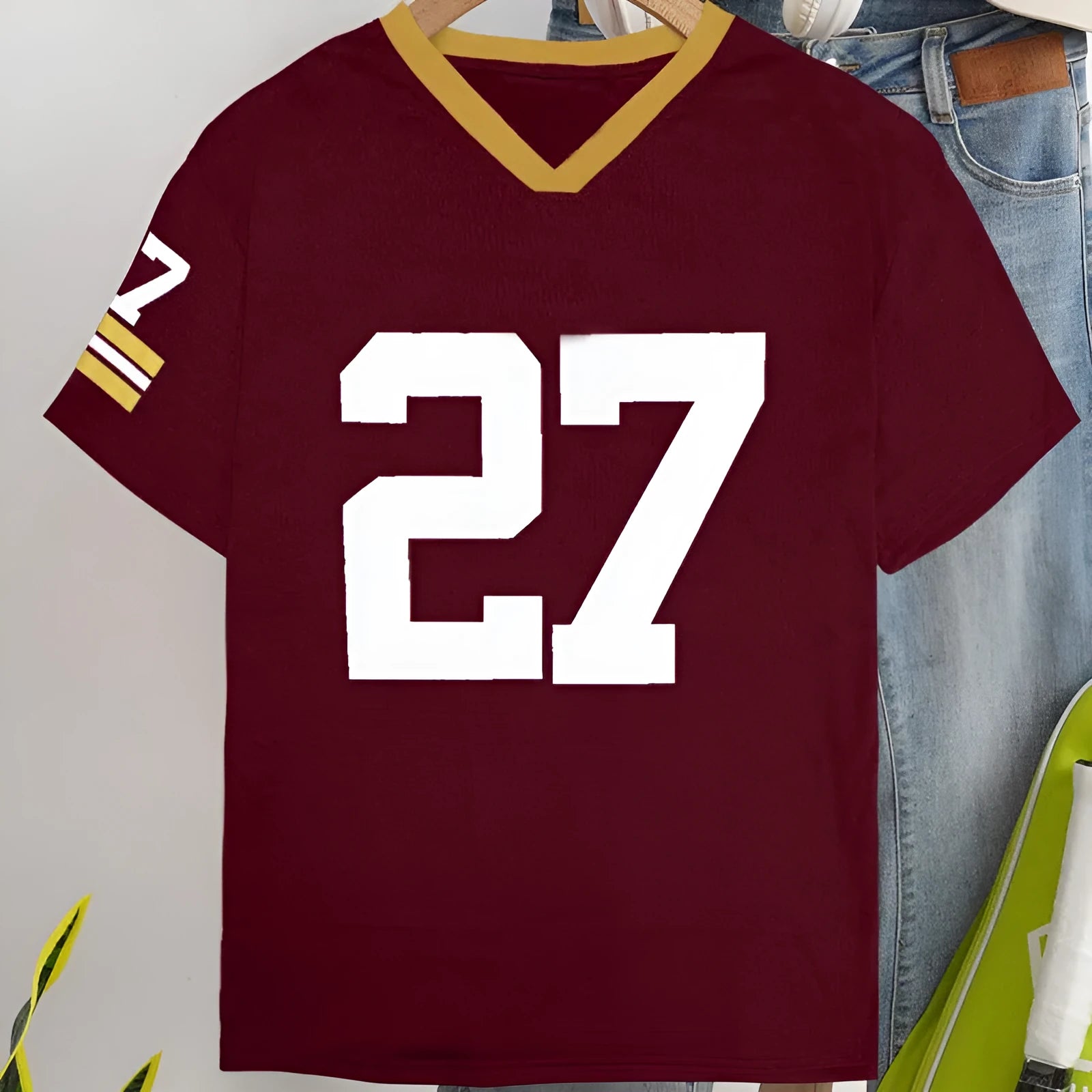 Red cotton t-shirt with digital printing letter design, loose casual style