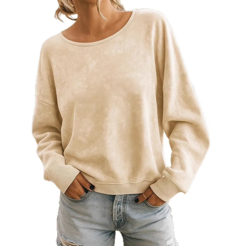 Casual loose long sleeve print round neck knitted sweater hoodie in apricot, polyester jersey street trendsetter pullover