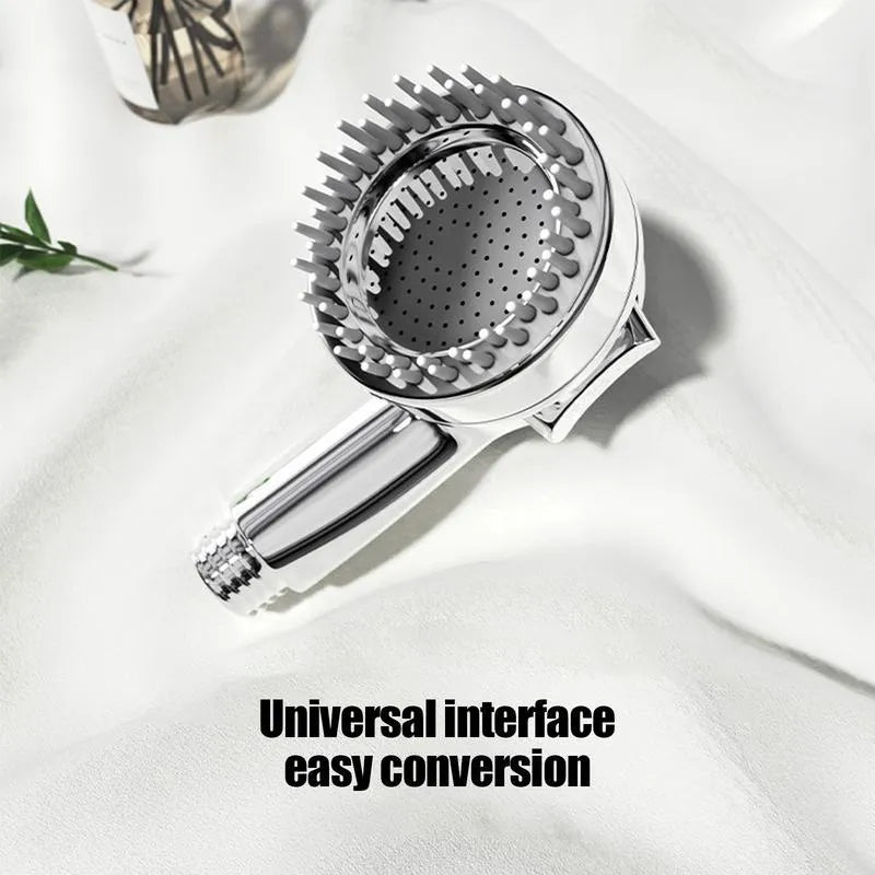 Silver dog shower attachment with silicone comb teeth and ergonomic grip for pet bathing
