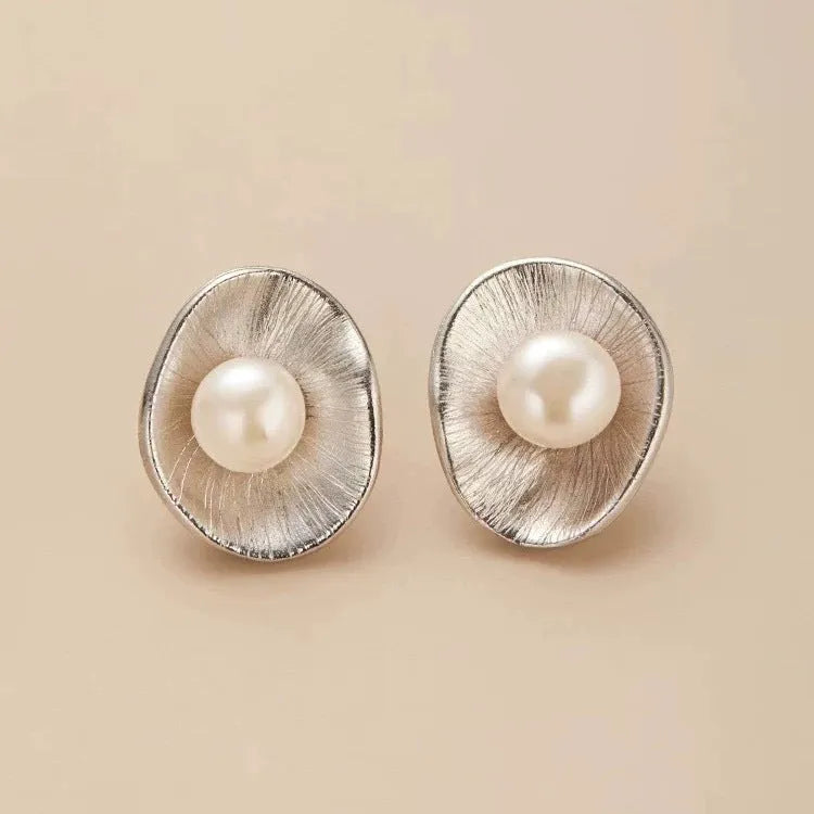 Gold colour pearl geometric sterling silver needle ear studs for women