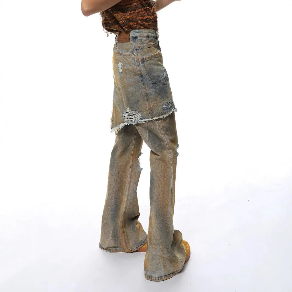 American Street loose hole bootcut pants in cotton denim with high waist design