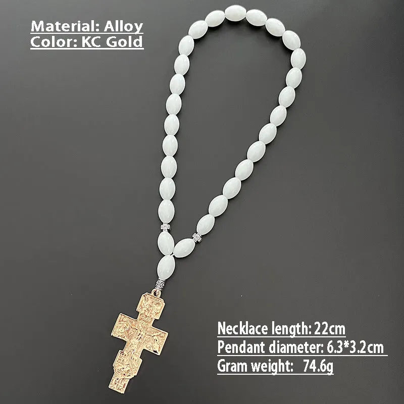 Cross beads metal car rearview mirror pendant with crown and Roman numerals in Ancient Gold finish