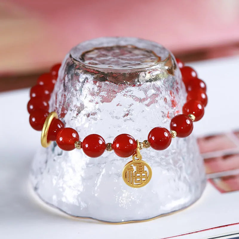 Natural red agate bracelet with woven beads and blessing card in national style