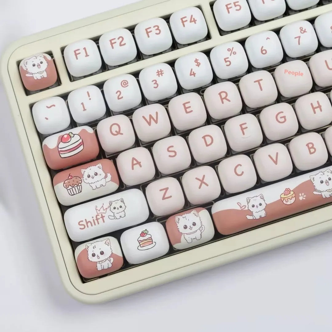 Cartoon dessert cat MOG round key cap set for mechanical keyboards, showing sublimated PBT design.
