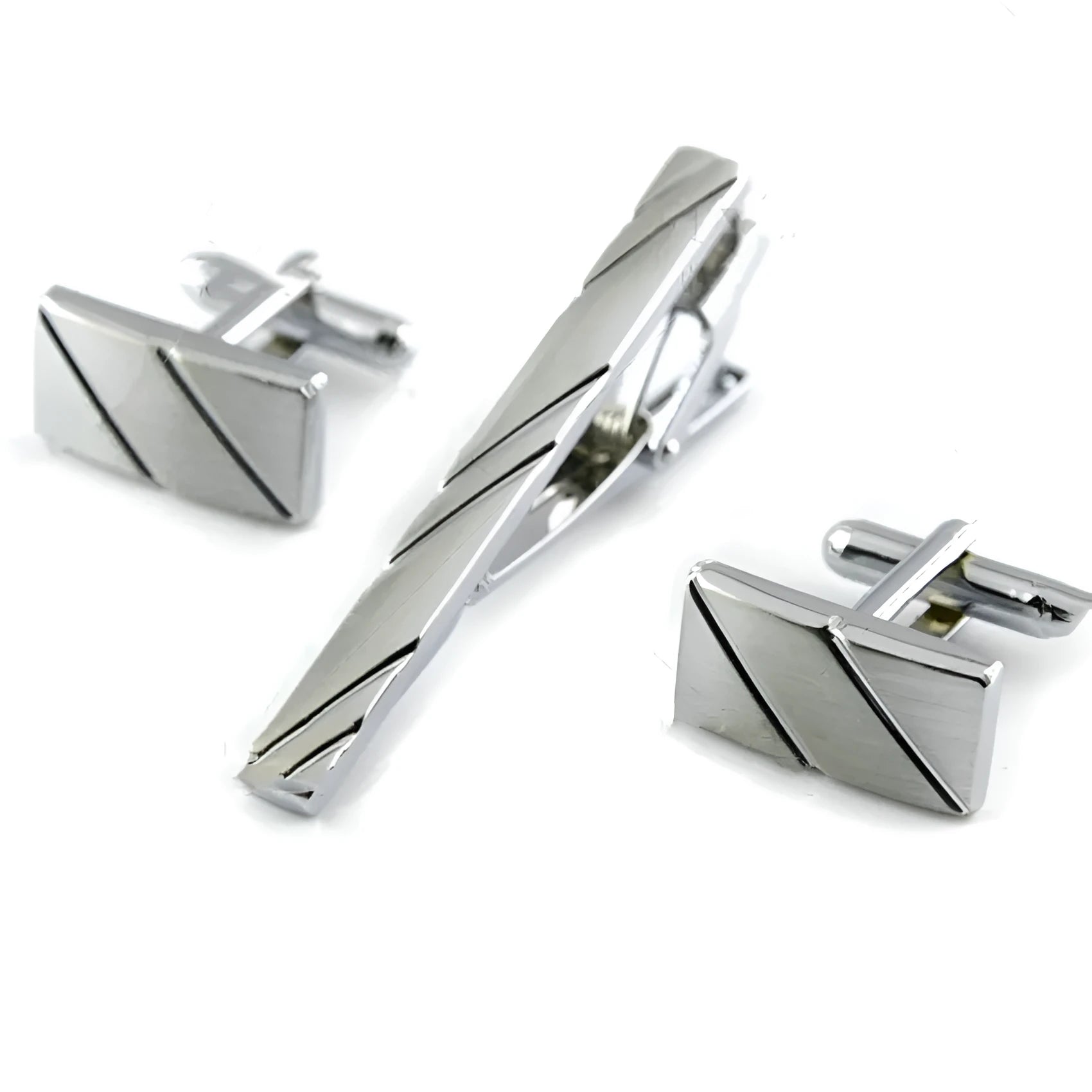 Silver diagonal alloy cufflinks with K9 crystal and matching tie clip on a white background