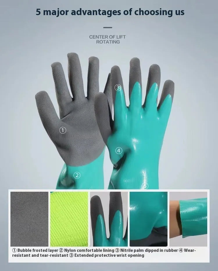 Navy blue nitrile fishing gloves with extended cuff, shown on hands holding a fish.