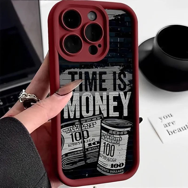 Money banknote USD currency phone case for Apple iPhone, TPU soft shell, frosted finish, Black White Burgundy.
