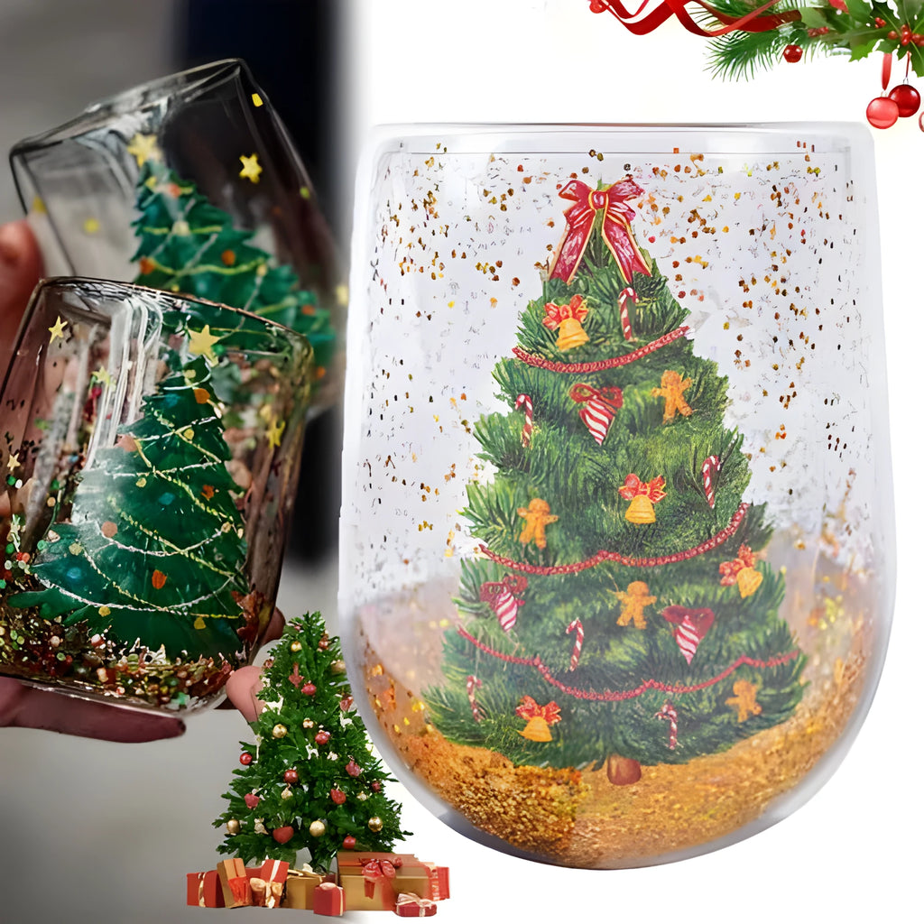 Double-layer Christmas tree glass tumbler with flowing sequins, borosilicate glass, 380ML capacity and 8.6cm x 11.8cm size
