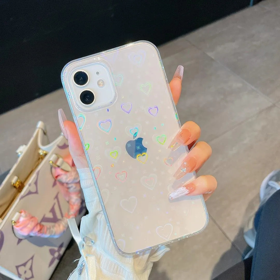 Transparent phone back cover with laser-etched colourful double love design, compatible with multiple iPhone models
