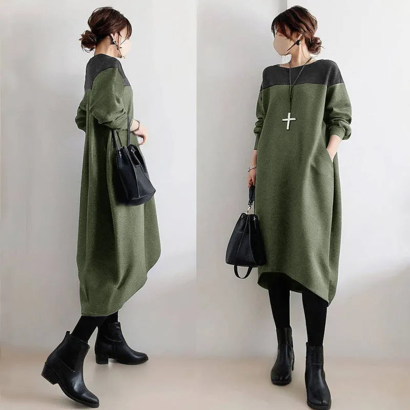 Loose oversized round neck patchwork dress for women, flutter sleeves, high waist pencil skirt, in gray colour