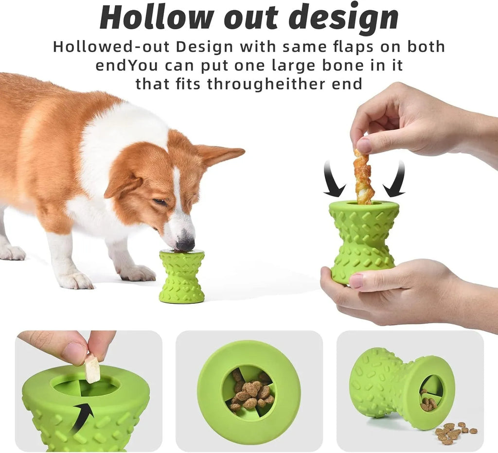 Blue natural rubber dog chew toy with hollow centre and treat leakage holes.