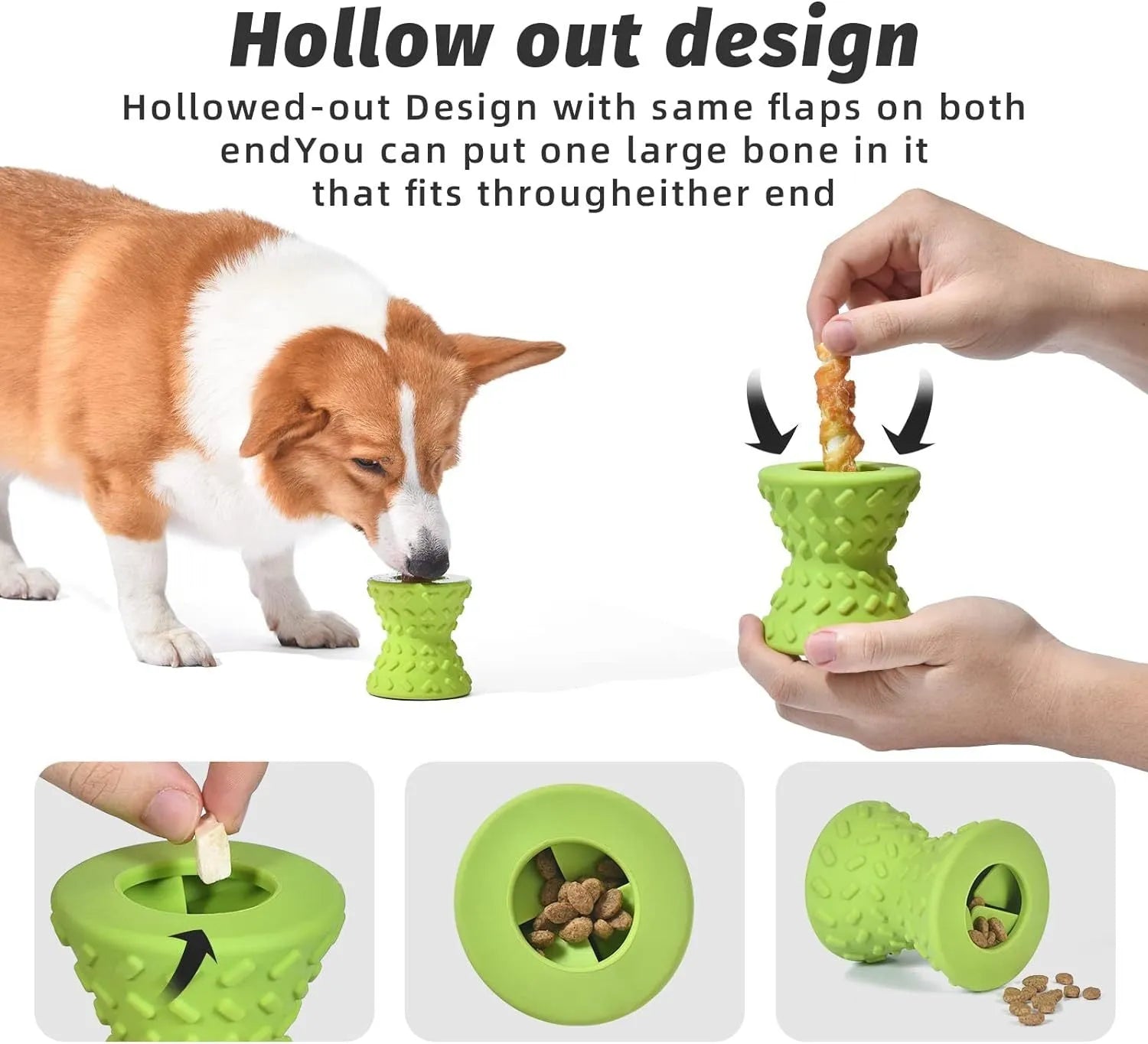 Blue natural rubber dog chew toy with hollow centre and treat leakage holes.