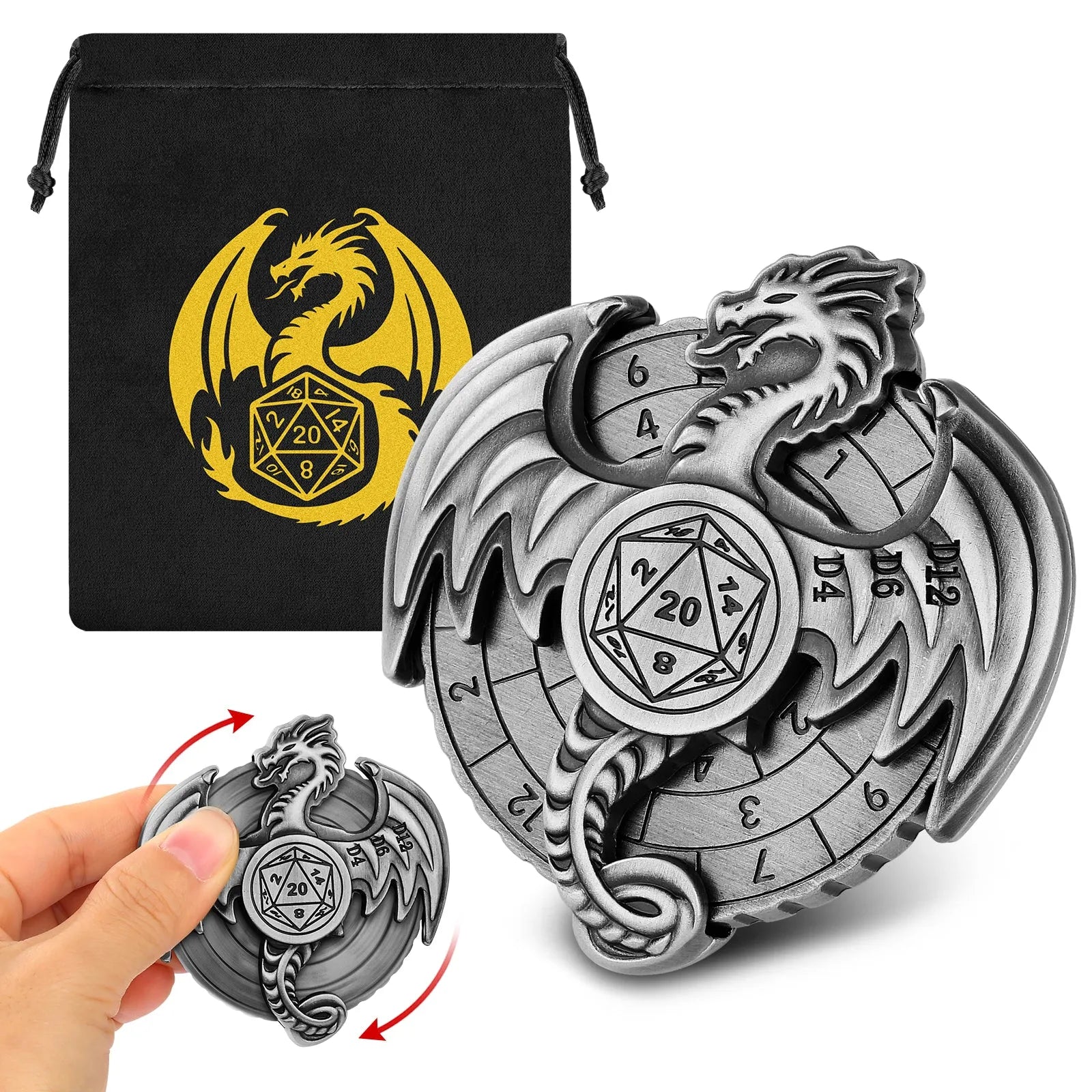 Retro metal fantasy style wings dice wheel with mechanical rotation in bronze finish