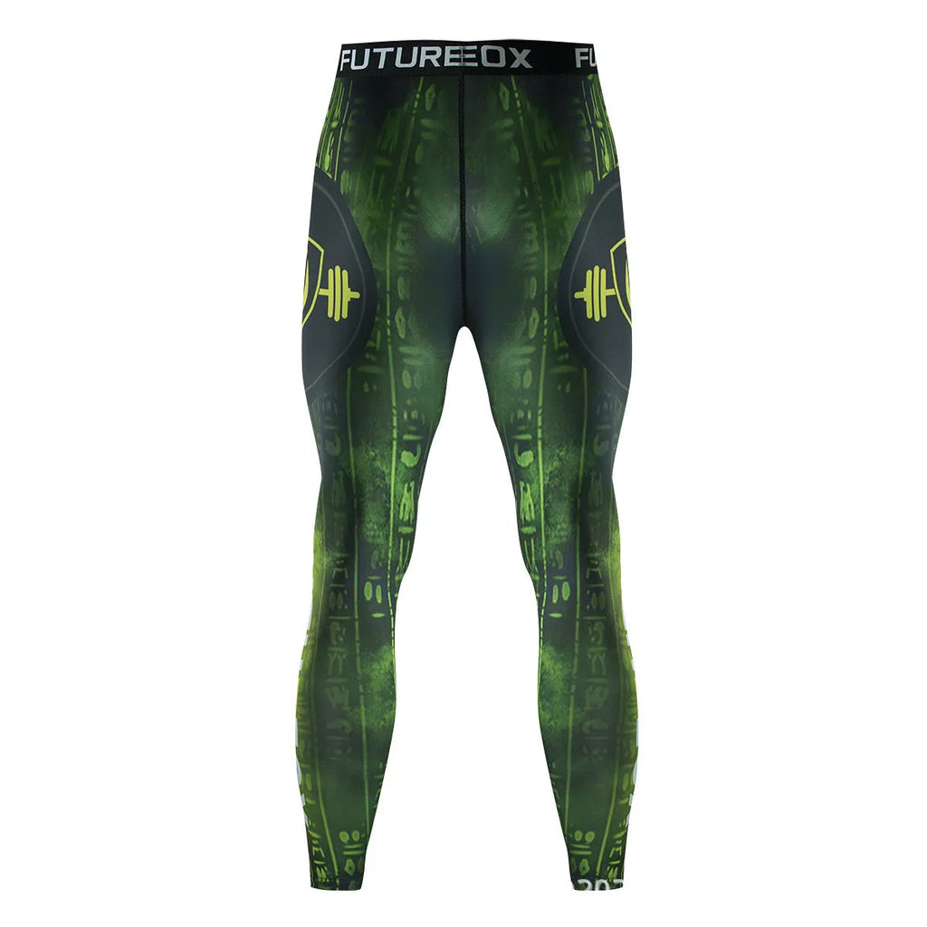 Man wearing a slim fit, printed ZF016 long sleeve sports top and matching trousers for running.