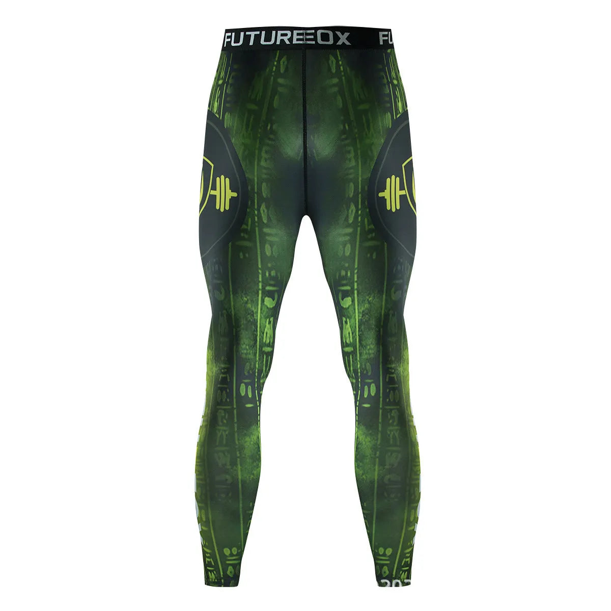 Man wearing a slim fit, printed ZF016 long sleeve sports top and matching trousers for running.