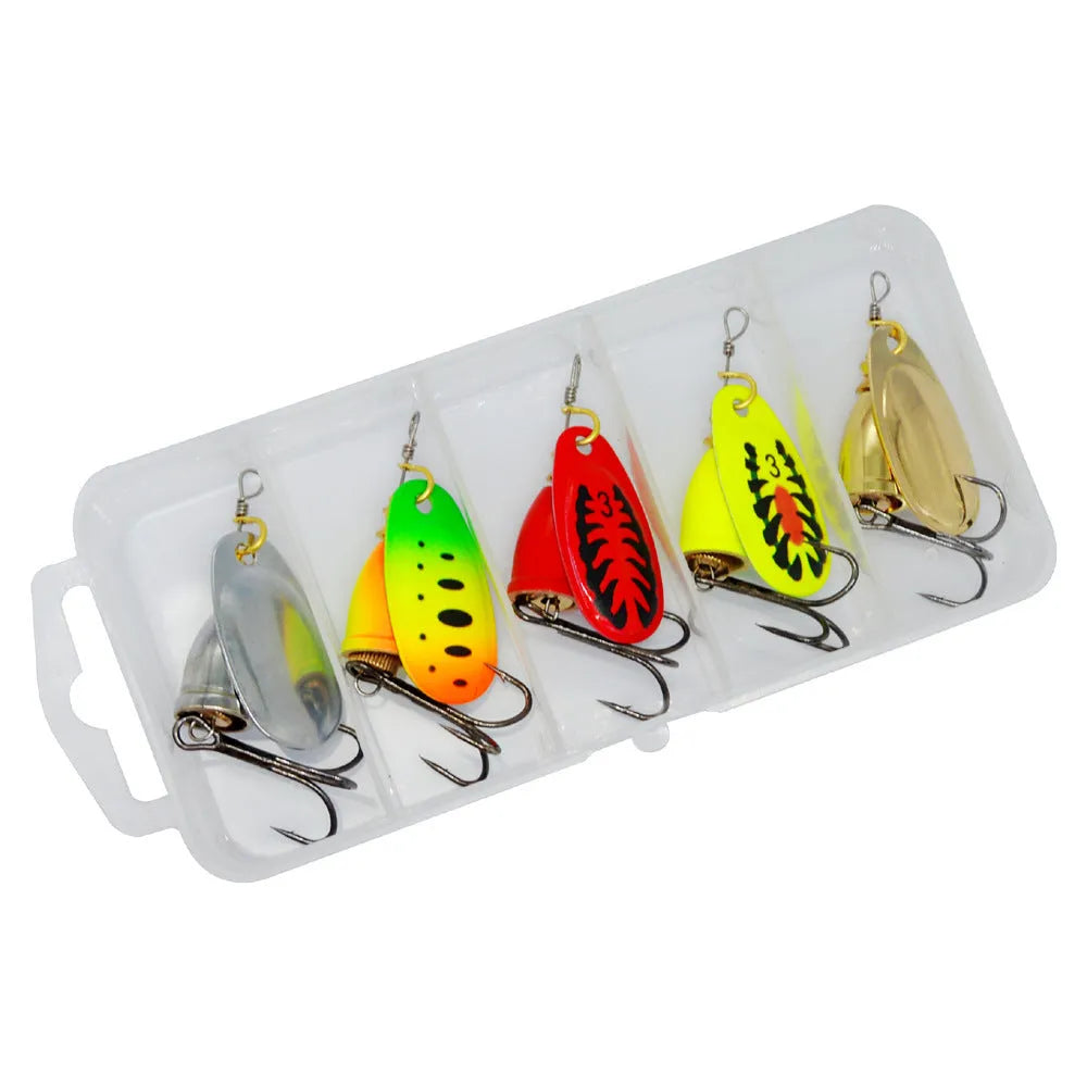 R composite rotating sequins copper bell metal fishing lure in multiple colour options on a white background.