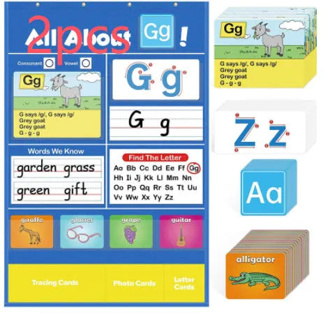 Child using large blue alphabet learning chart with picture and word cards on a wipe-clean 60x40cm surface.