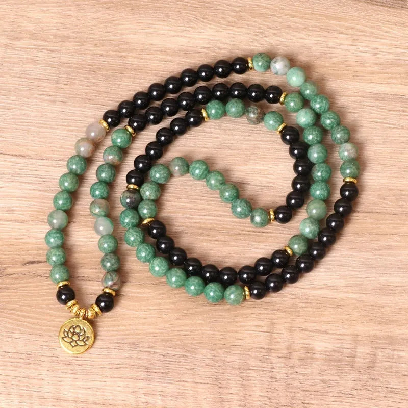 Green and black alloy elastic beaded long bracelet with stretch fit