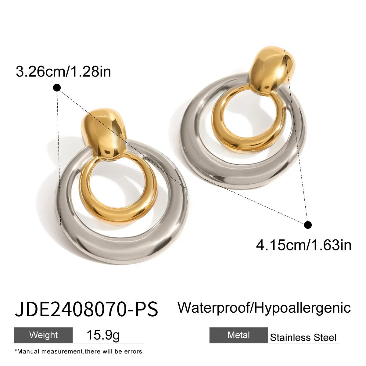 Round golden double layer hollow stud earrings with a geometric design on a white background.