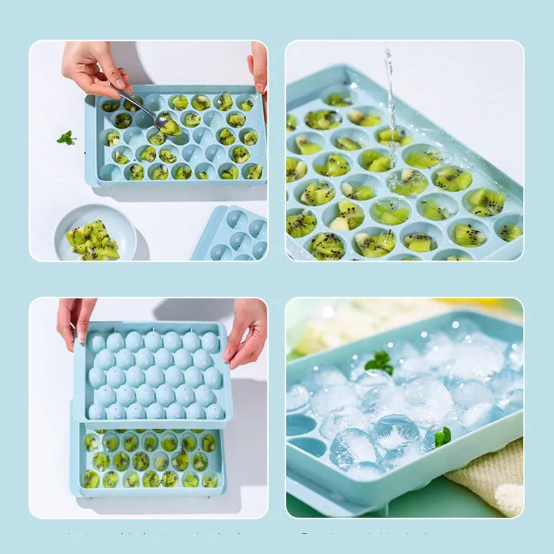 Round ball ice cube moulds in sky blue and pink creating spherical ice for drinks