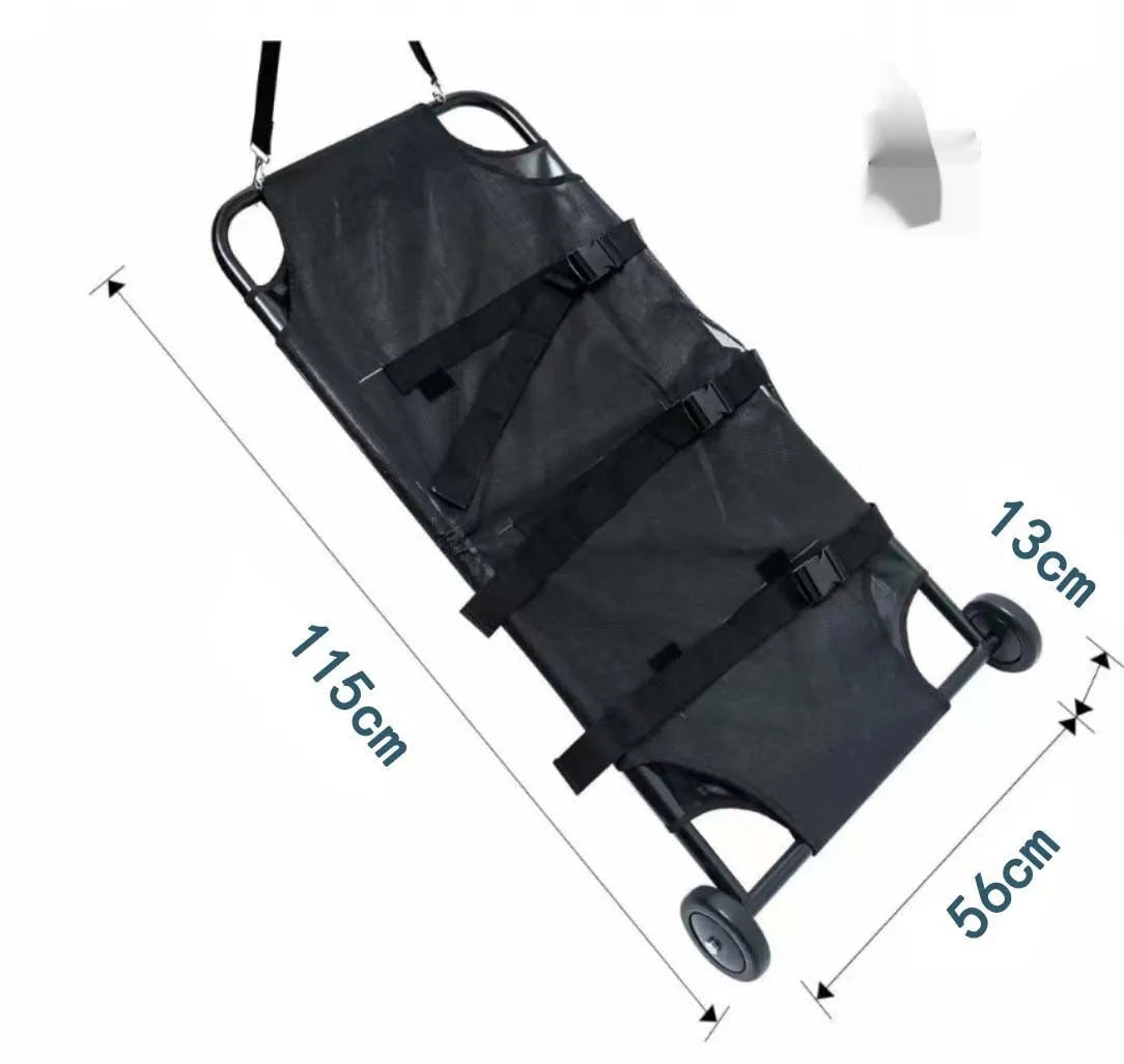Black aluminium alloy foldable pet stretcher for large dog emergency transport.