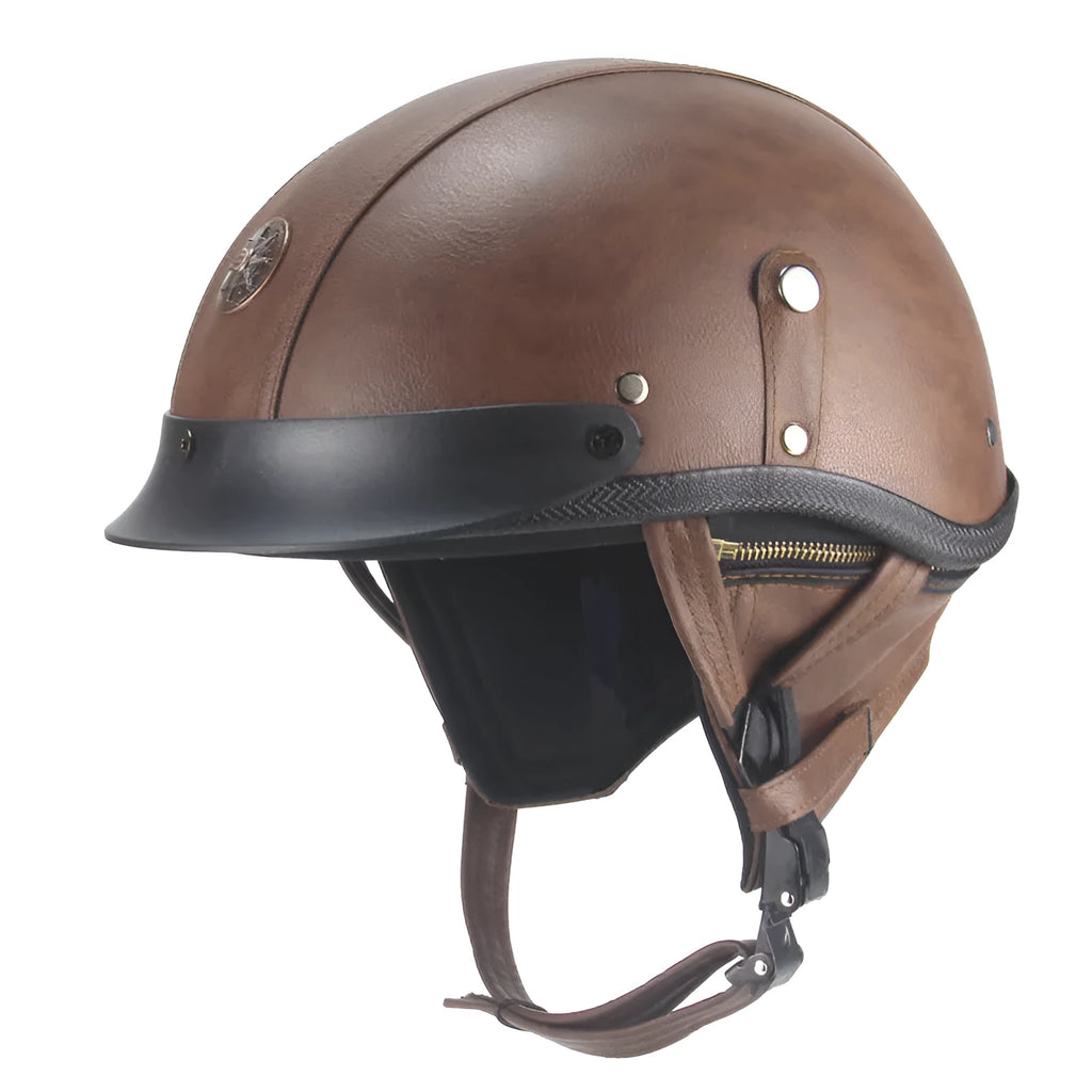 Retro black leather motorcycle helmet with a half-visor on a background.