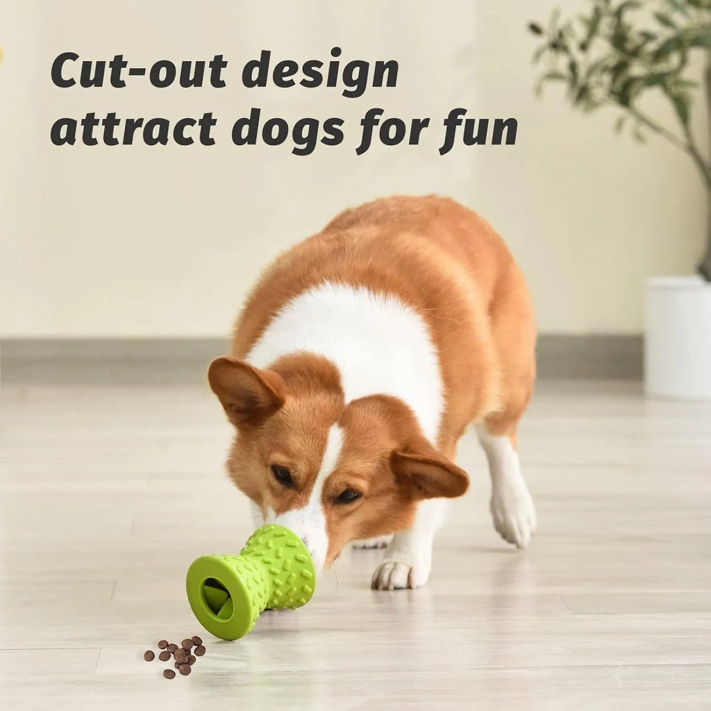 Blue natural rubber dog chew toy with hollow centre and treat leakage holes.