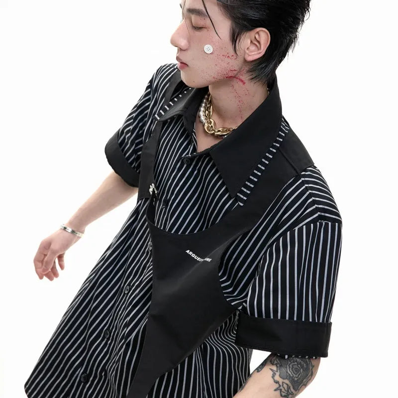 Men's double collar striped cotton shirt in loose fit with short sleeves