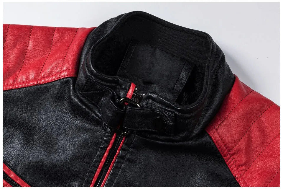 Men's PU leather motorcycle jacket with stand collar and zipper pockets, retro style, brick red, brown or ivory white