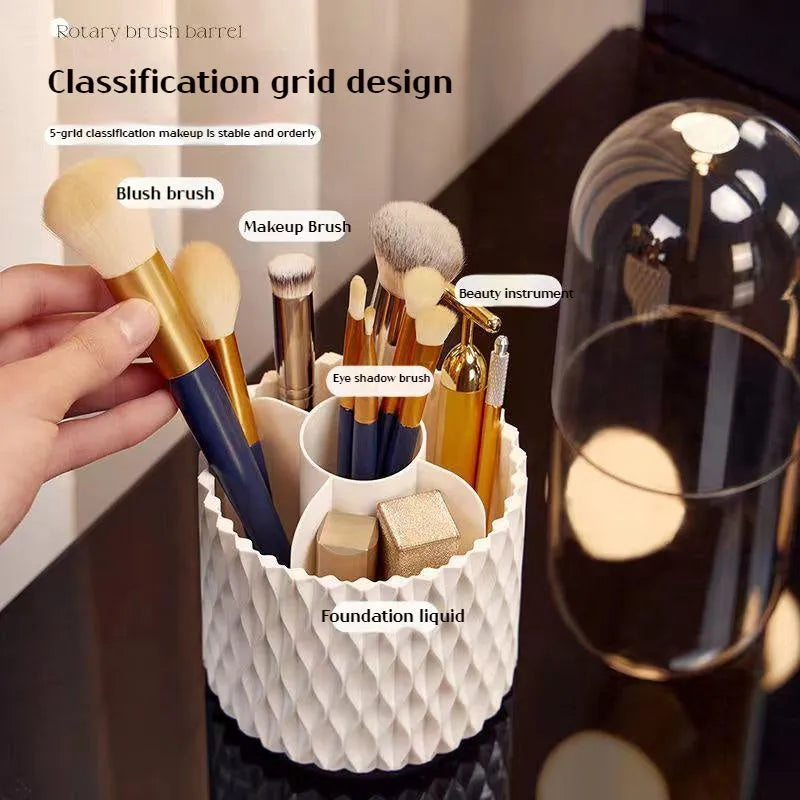 White acrylic makeup brush storage box with transparent cover and rotating base