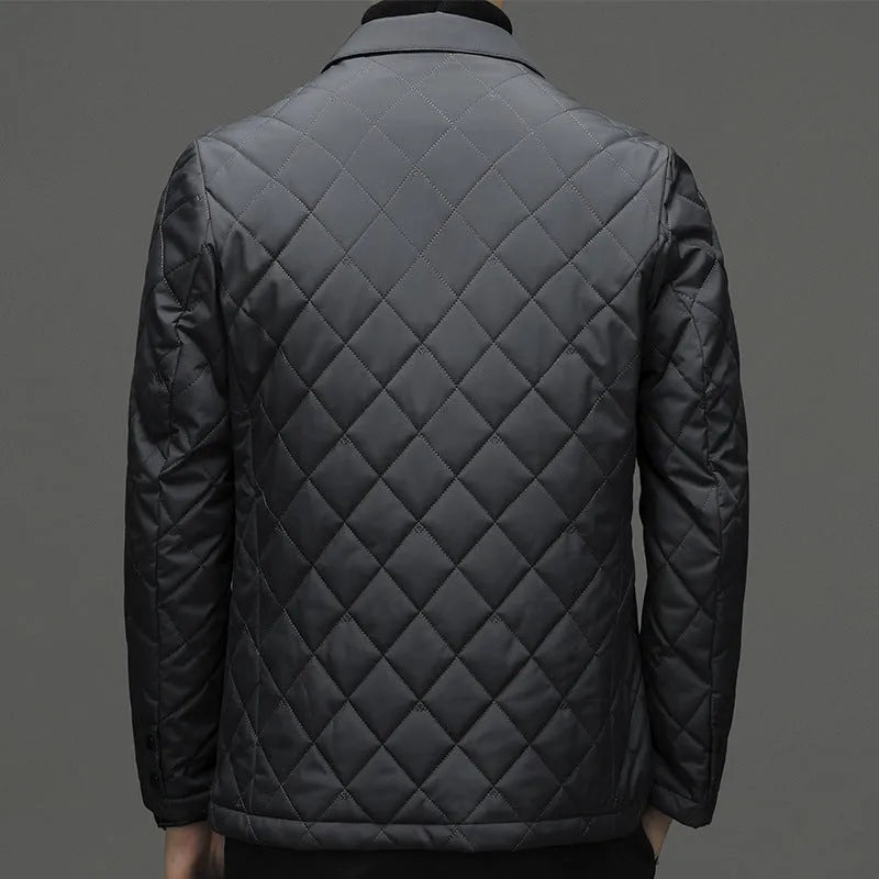 Men's solid colour thick down winter jacket with lapel and side seam pockets.