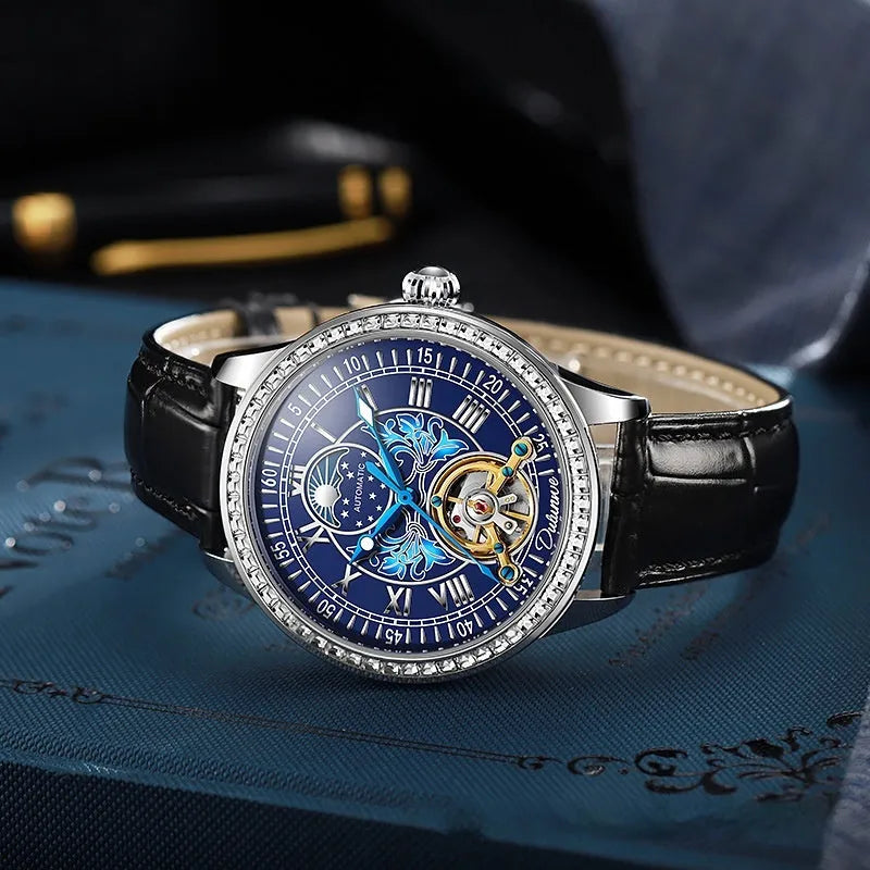 Men's stainless steel waterproof mechanical watch with a round dial and transparent case back.