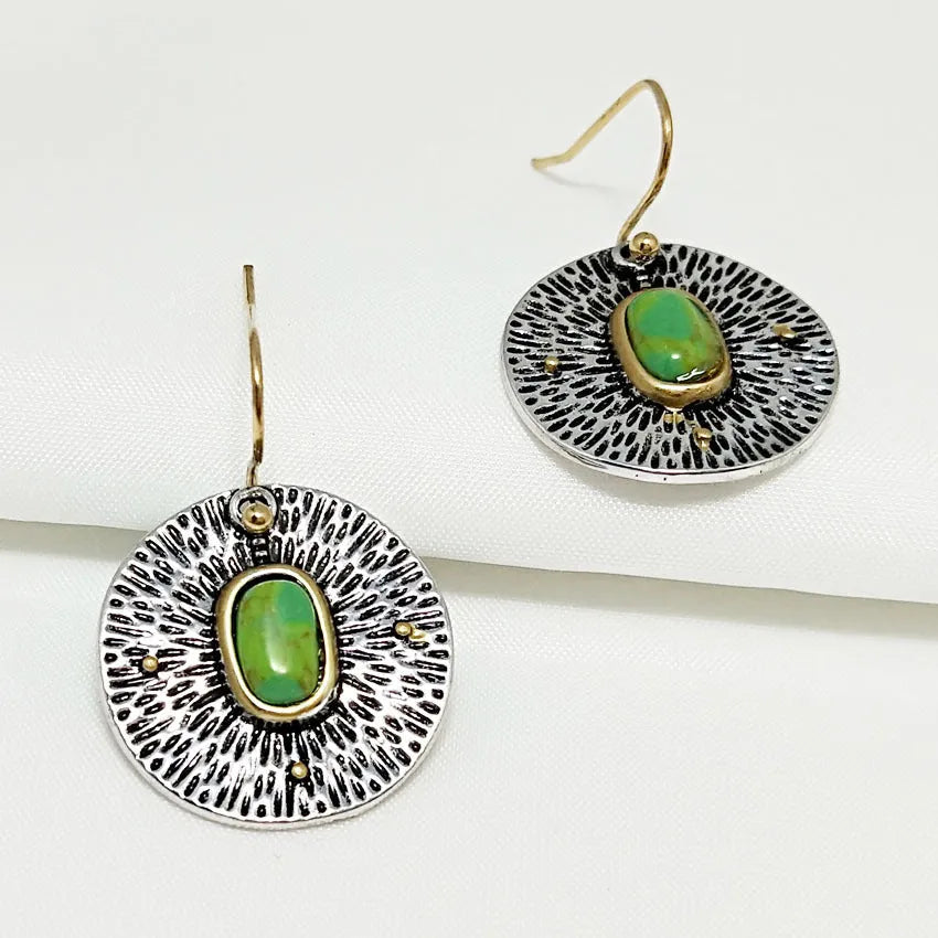 Turquoise colour separation earrings with antique silver electroplated finish on alloy