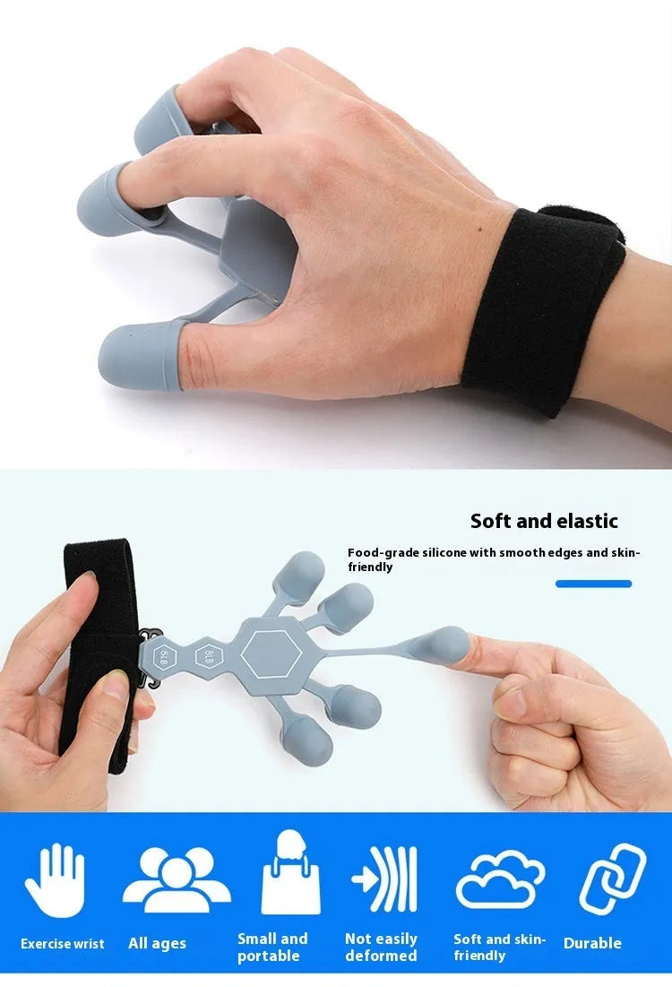 Grey and black silicone 5-finger rehabilitation hand trainer for adult grip strength exercises.