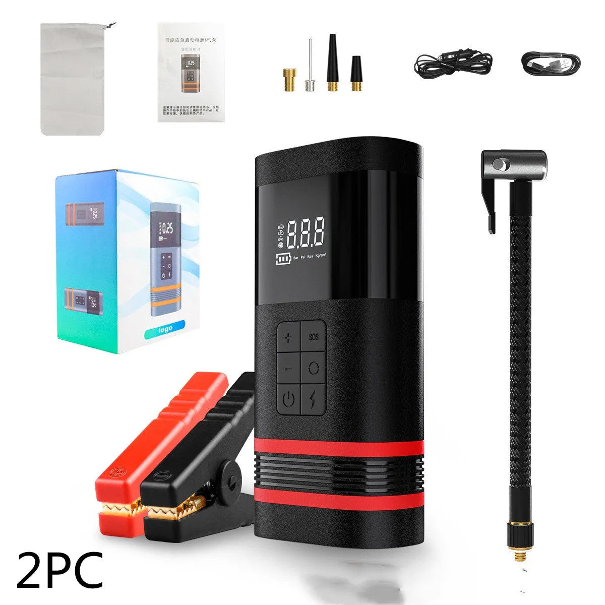 Black wireless emergency car jump starter with USB ports and cables, measuring 19.5x10x5.7cm