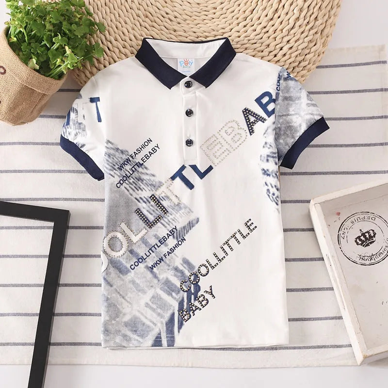 A solid colour short sleeve polo shirt for a young boy, made from soft cotton fabric.