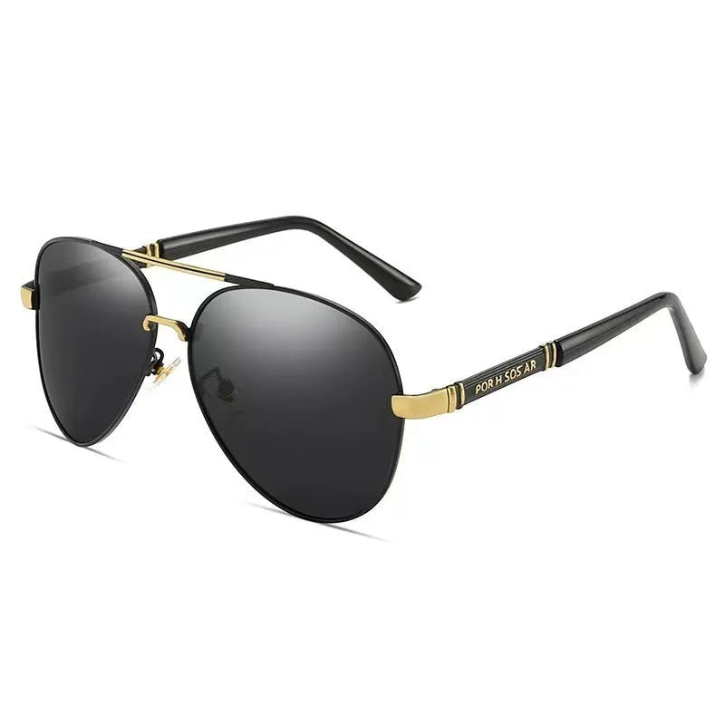 Men’s polarized metal sunglasses with grey lenses, black frame and dragon phoenix detail