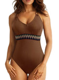 Women's one-piece solid colour rib fabric swimsuit with panel stitching in blue on model