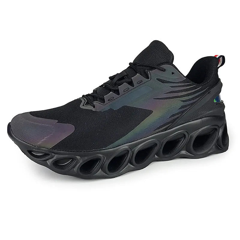 Men's low-top casual sports shoes in black with mesh upper and lace-up front.