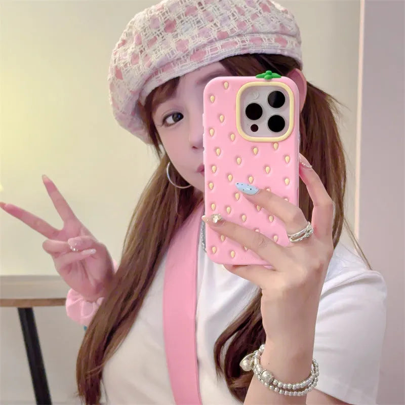 Pink strawberry silicone phone case for iPhone, soft shell with fall protection