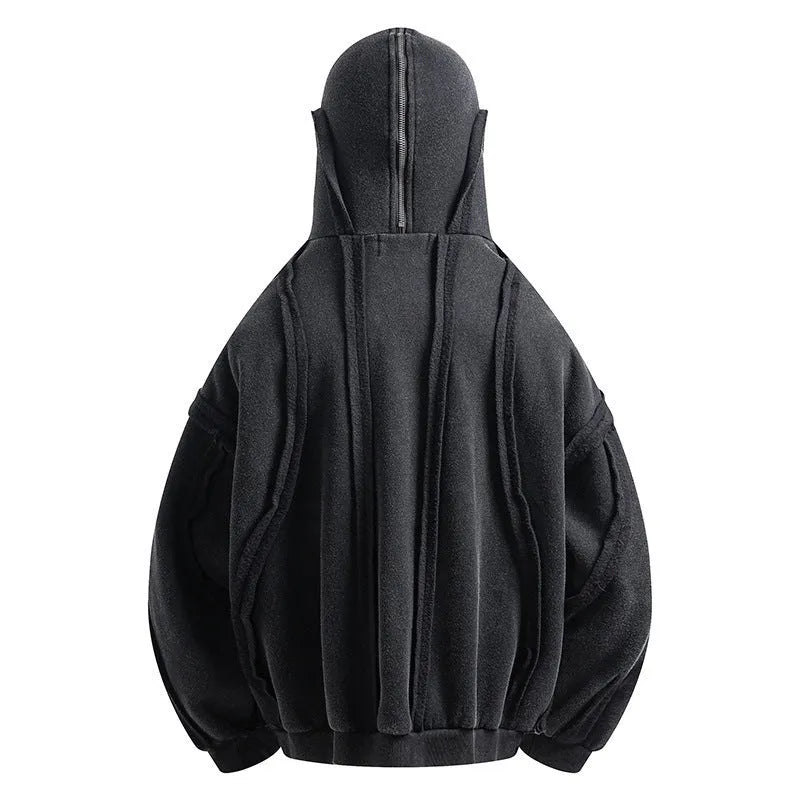 Black loose-fit zip-up hooded cardigan jacket with abstract pattern and padding on a hanger.