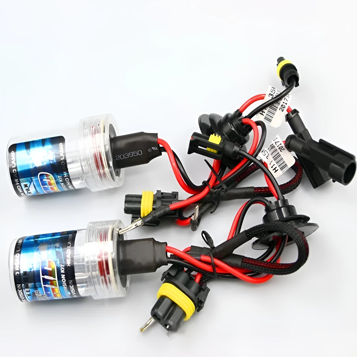 Automotive xenon headlight bulb kit showing H1, H7 type bulbs with 4300K, 6000K, 8000K colour options.